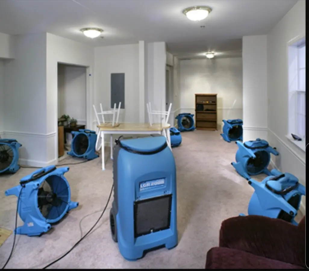 Air movers and dehumidifier setup for Water Damage Restoration in North Lynnwood